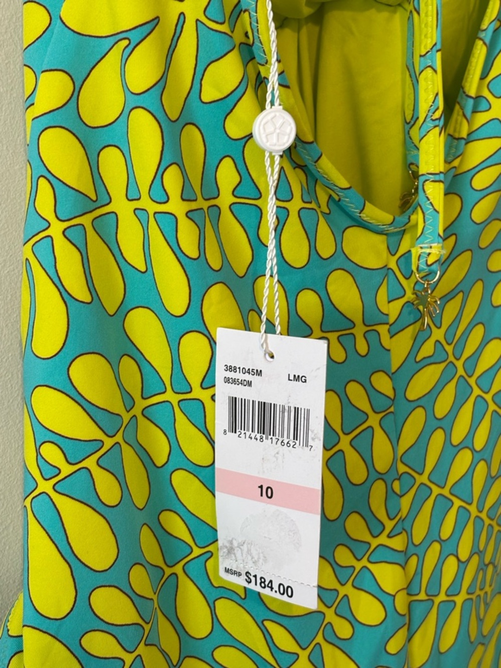 Trina Turk Teal and Lime Yellow Leaf-Print One-Piece Retro Swimsuit Size 10 - Picture 9 of 11